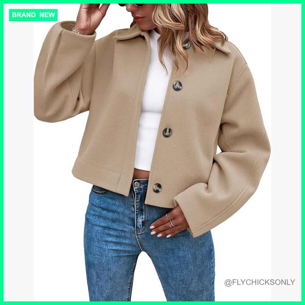 Cropped Wool Blend Pea Coat, Button Down, Long Sleeve, 100% Polyester